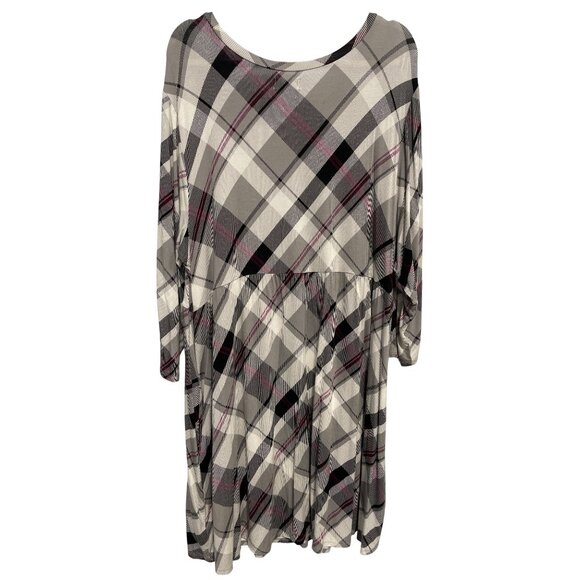 Maurices 24/7 Dress Plus Size 2X Plaid Long Sleeve Scoop Neck Knee Length Gray - Picture 2 of 7